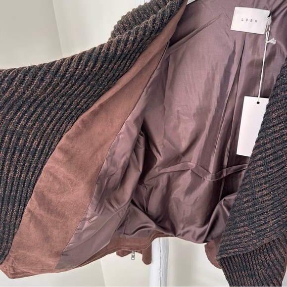 Lush Women’s Draped Faux Suede and Sweater Brown Open Front Moto Jacket Sz L - Picture 14 of 16